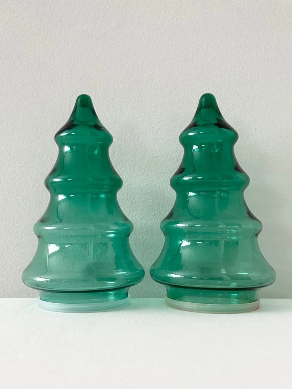 2 Vintage LIBBEY Green Glass Christmas Tree Candy Jar 7.5” Container Bottom Lid